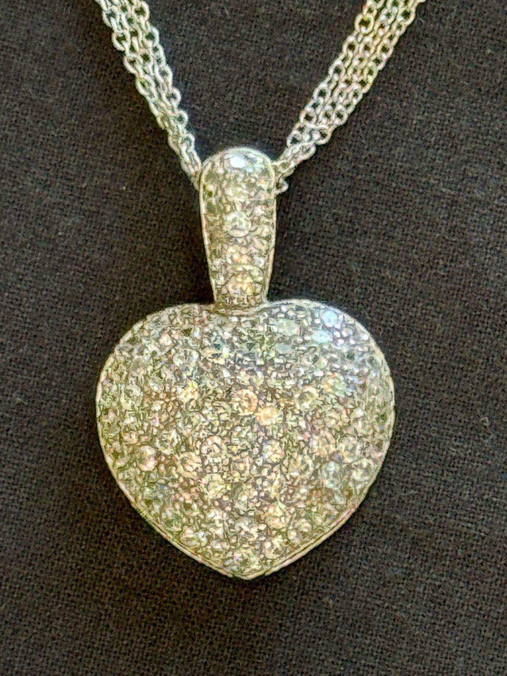 Sterling and Pave Crystals Heart Pendant On Triple Chain 17” Long